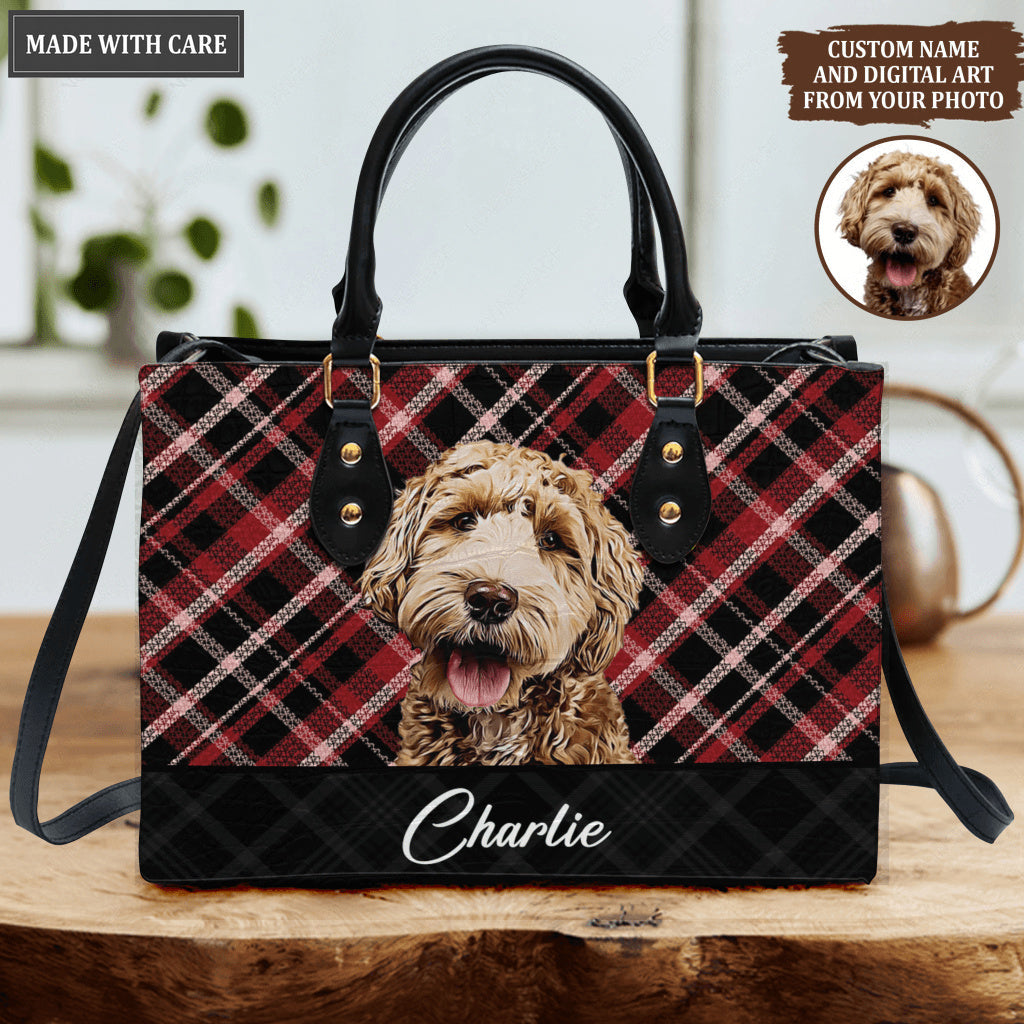 Artistic Plaid Pet Bag Handbag Black Red - Personalized Custom Leather Bag