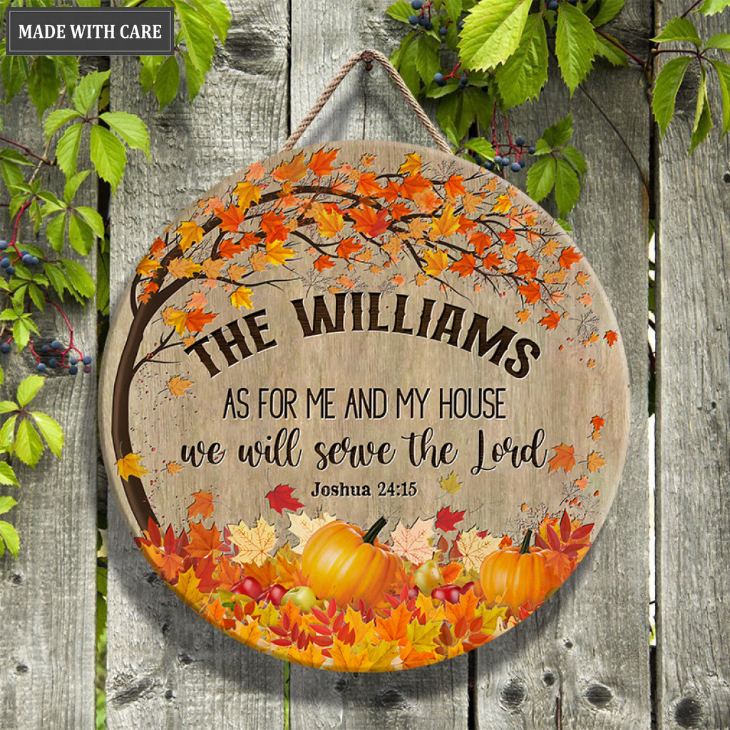 Pumpkin And Maple Tree As For Me And My House Personalized Circle Sign