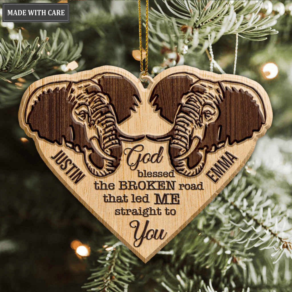 Elephant Couple God Blessed Personalized Wood Engraved Ornaments