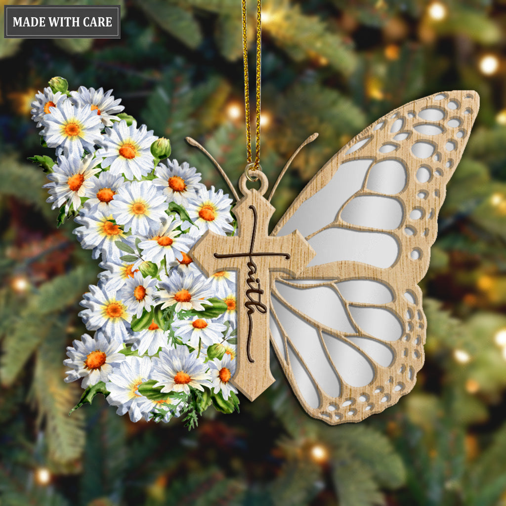 Faith Daisy Flowers Cross Butterfly God Jesus Christian Lover Wood Engraved Ornaments