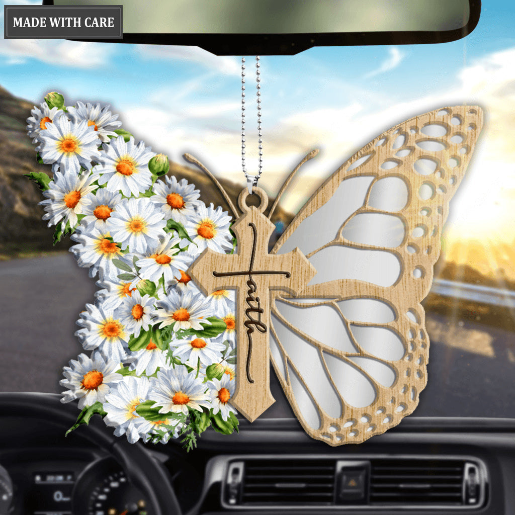 Faith Daisy Flowers Cross Butterfly God Jesus Christian Lover Wood Engraved Ornaments