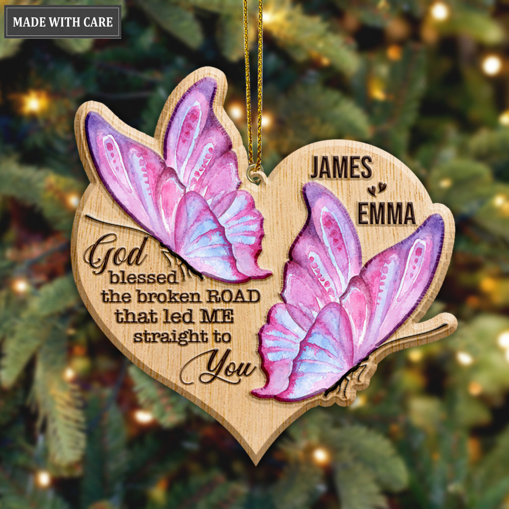 Heart Butterfly Couple God Blessed Personalized Wood Engraved Ornaments