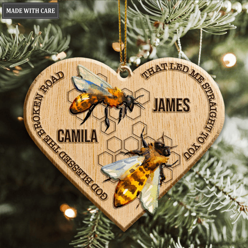 Honey Bee Couple God Blessed Personalized Wood Engraved Ornaments