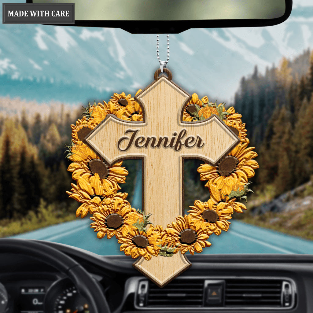 Sunflower Cross Jesus Christian Lover Personalized Wood Engraved Ornaments
