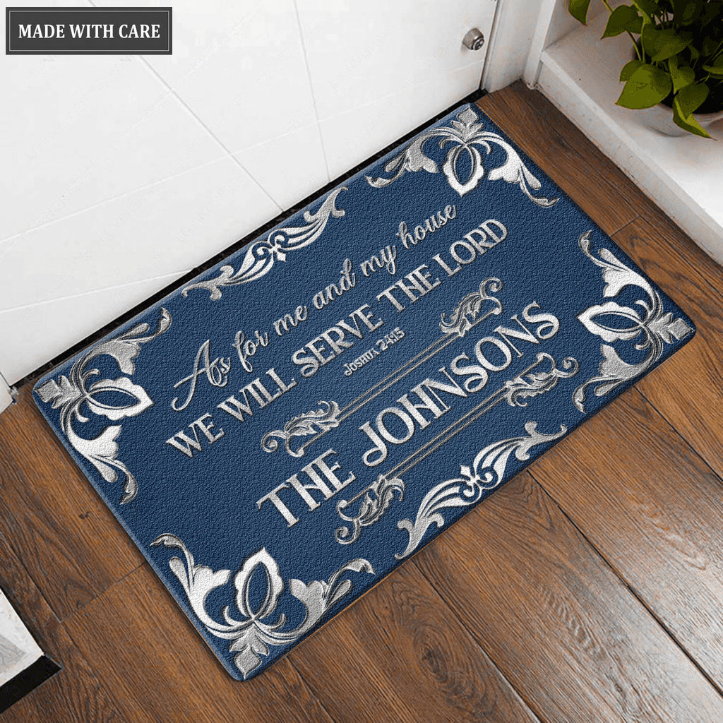Navy Silver Serve The Lord Personalized Doormat