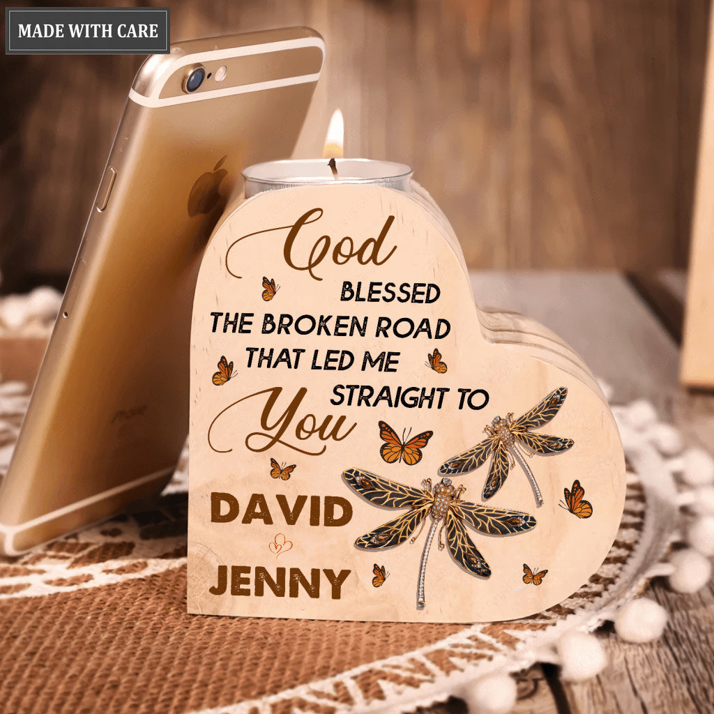 Golden Dragonfly Couple Butterfly God Blessed Personalized Candle Holder