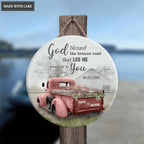 Personalized Red Truck God Blessed Wood Circle Sign