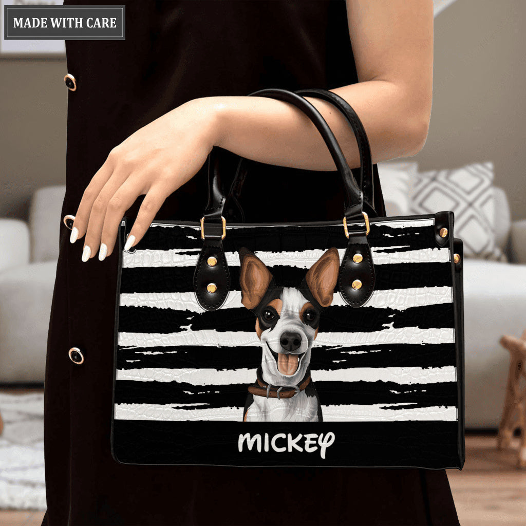 Vintage Black and White Lines Pet Art - Personalized Custom Leather Bag