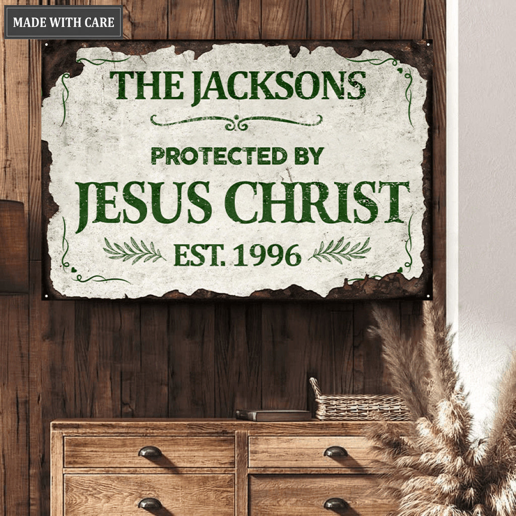 Personalized Protected By Jesus Flower Metal Sign