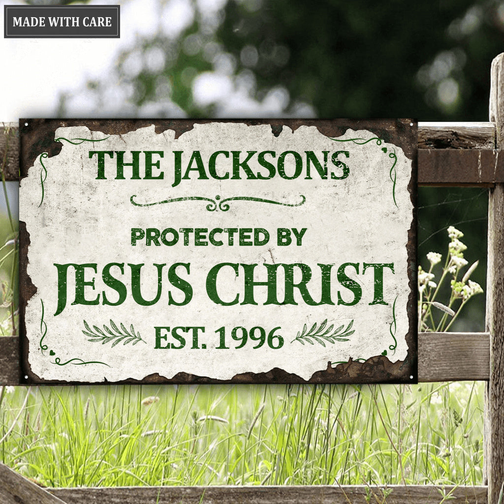 Personalized Protected By Jesus Flower Metal Sign