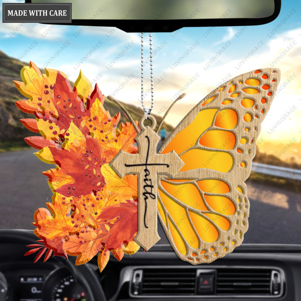 Autumn Maple Floral Butterfly Faith Cross Jesus Christian Lover Wood Engraved Ornaments