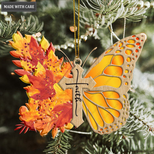 Autumn Maple Floral Butterfly Faith Cross Jesus Christian Lover Wood Engraved Ornaments