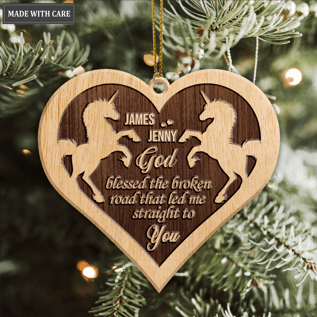 Heart Unicorn Couple God Blessed Personalized Wood Engraved Ornaments