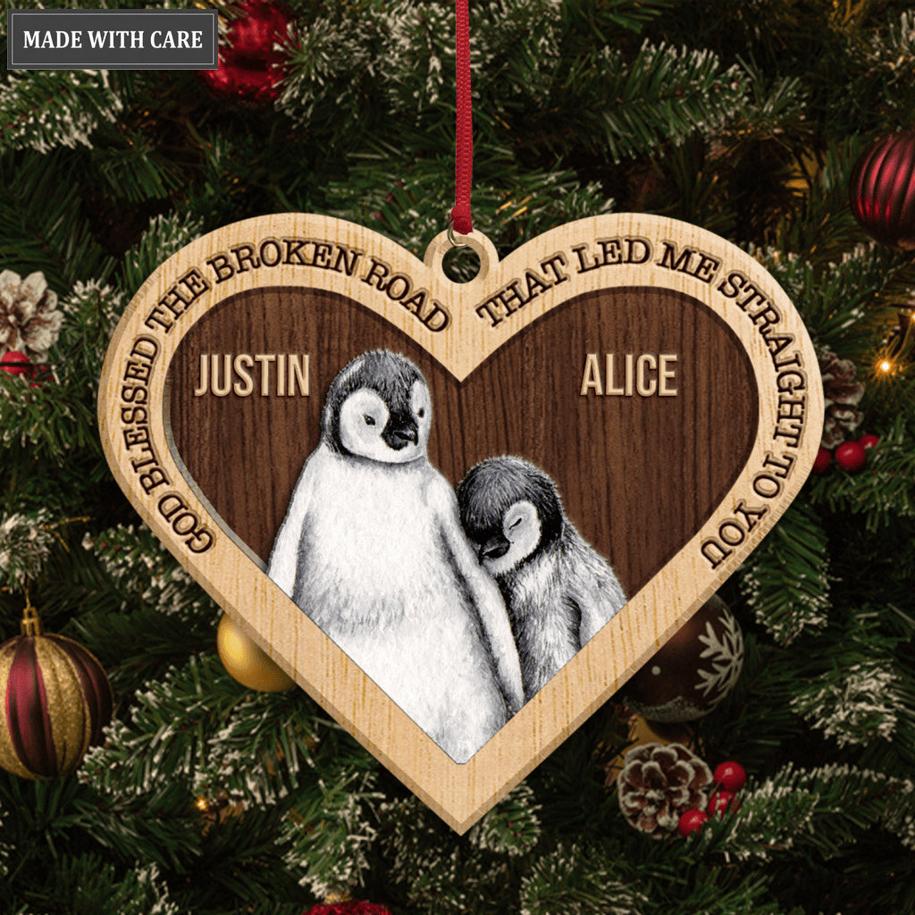 Penguin Couple God Blessed Personalized Wood Engraved Ornaments