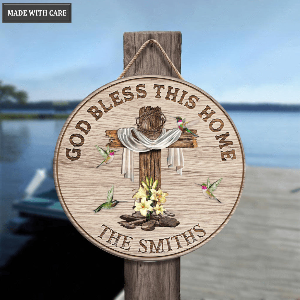 Personalized God bless this home Wood Circle Sign