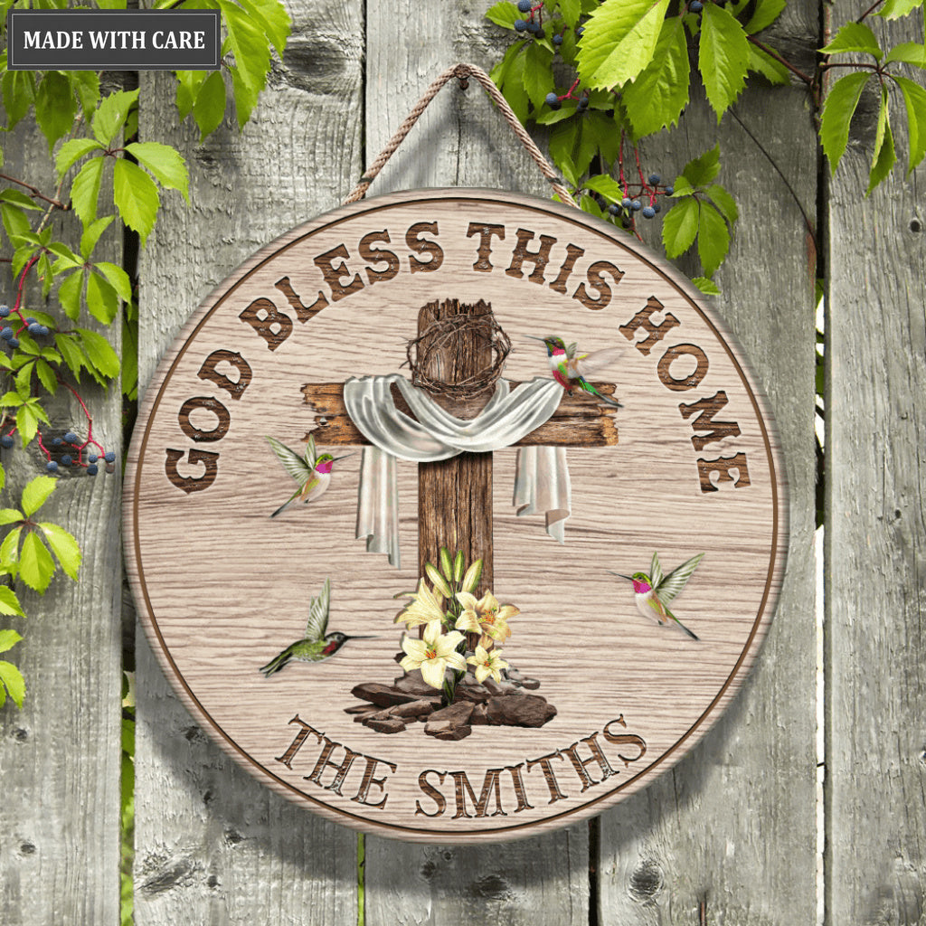 Personalized God bless this home Wood Circle Sign