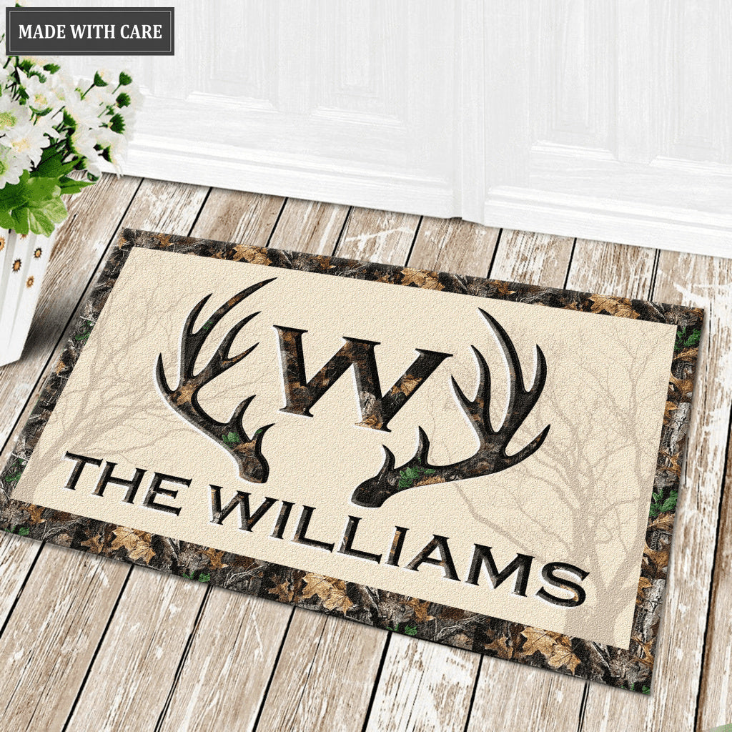 Deer Antlers Camo Family Monogram Personalized Doormat