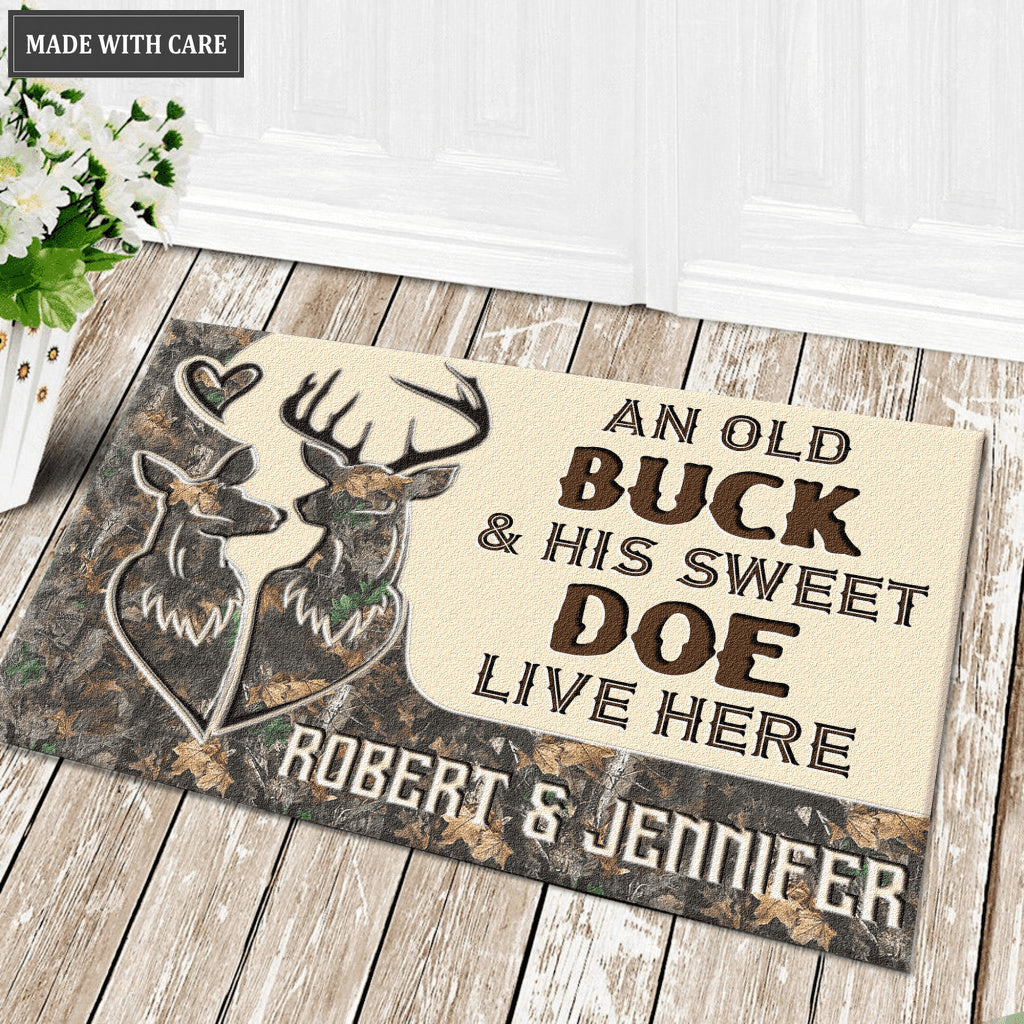 Deer Camo Old Buck And Doe Personalized Doormat
