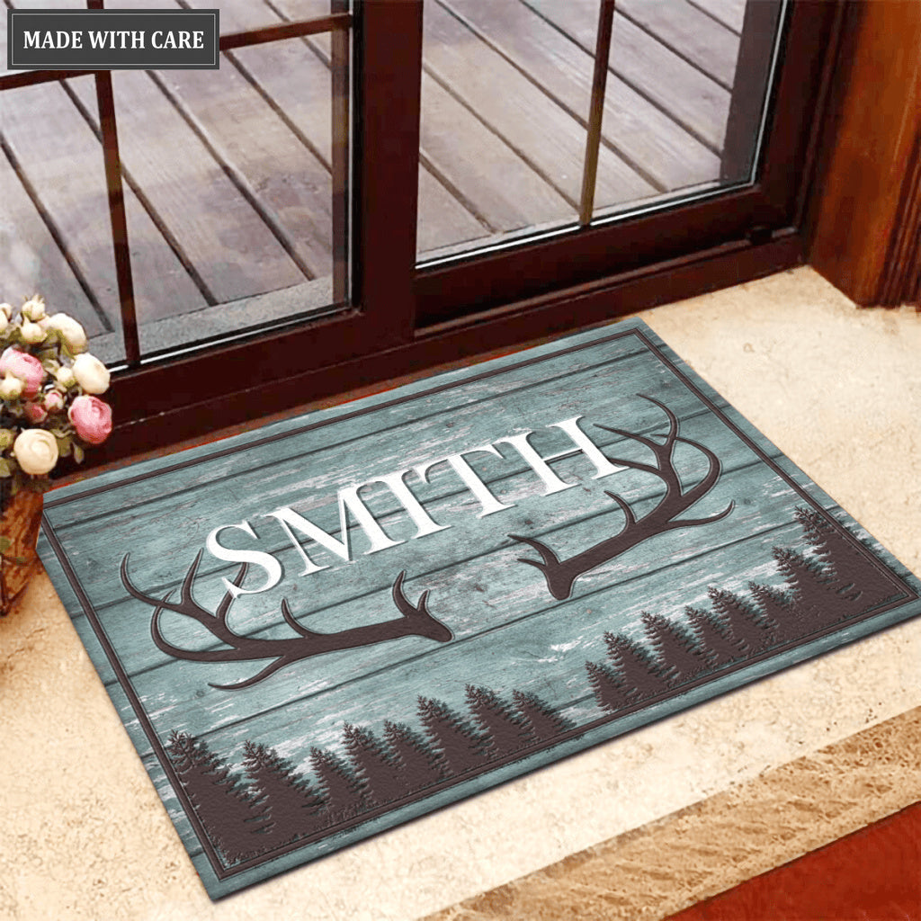 Personalized Rustic Country Family Name Deer Antlers Doormat