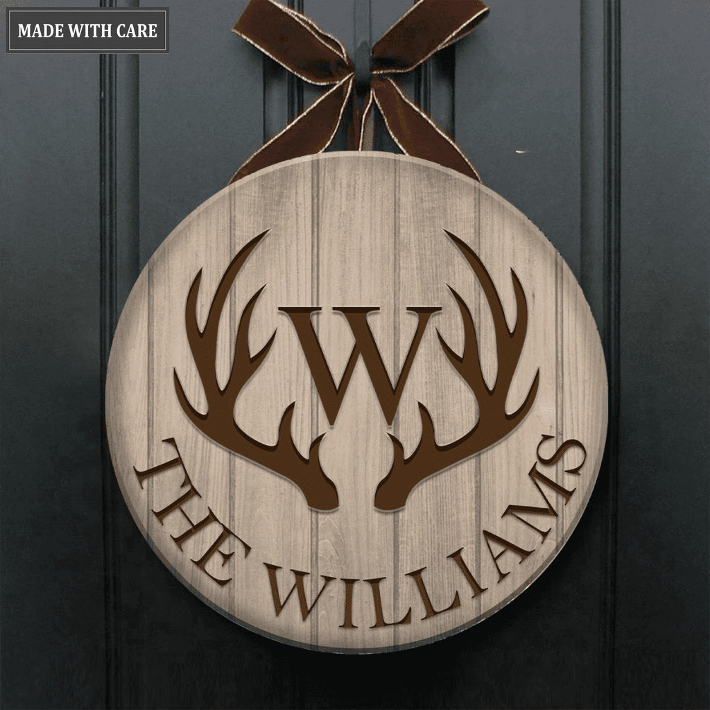 Personalized Rustic Country Family Name Deer Antlers Wood Sign
