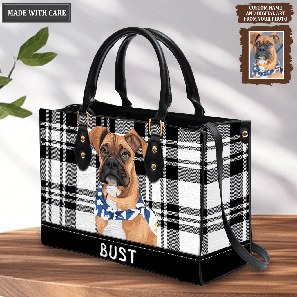 Artistic Plaid Black White Pet Digital Painting Portrait - Personalized Custom Leather Bag