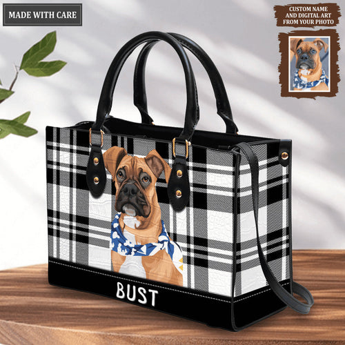 Artistic Plaid Black White Pet Digital Painting Portrait - Personalized Custom Leather Bag
