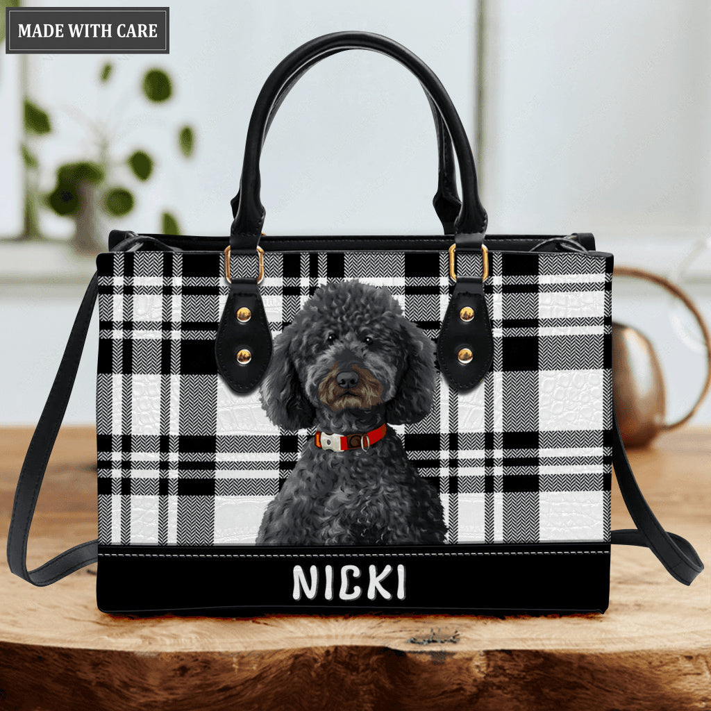 Artistic Plaid Black White Pet Digital Painting Portrait - Personalized Custom Leather Bag