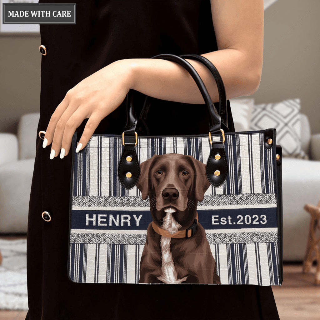 Dark Blue White Lines Pattern Pet Digital Painting Portrait - Personalized Custom Leather Bag