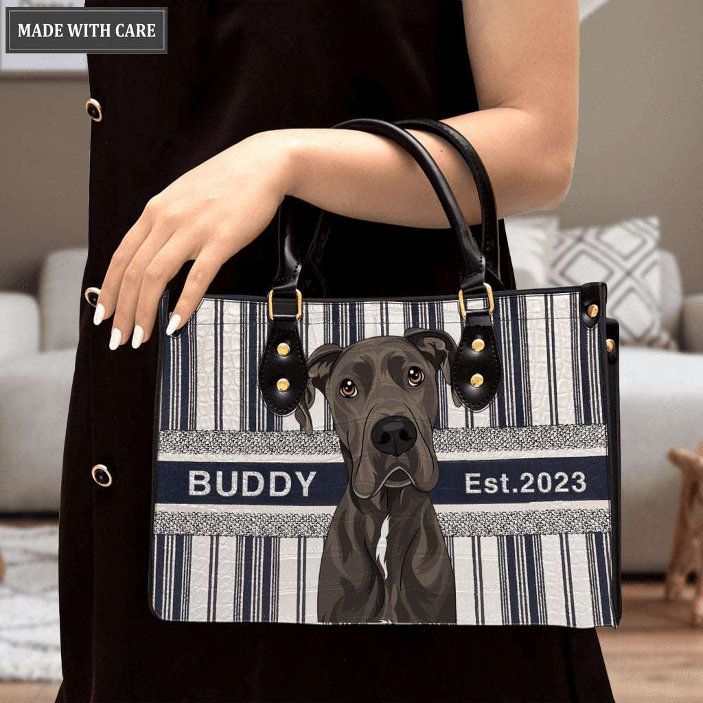 Dark Blue White Lines Pattern Pet Digital Painting Portrait - Personalized Custom Leather Bag