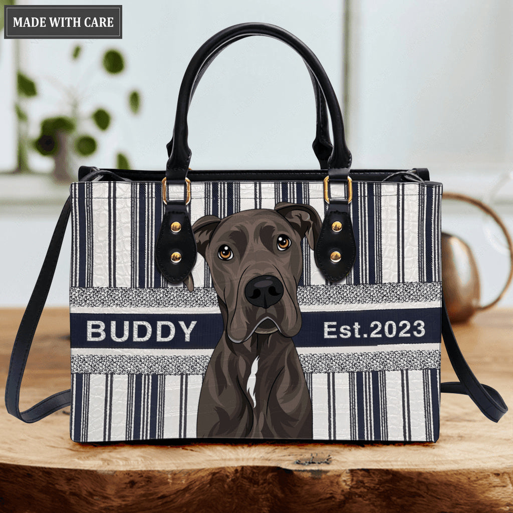 Dark Blue White Lines Pattern Pet Digital Painting Portrait - Personalized Custom Leather Bag
