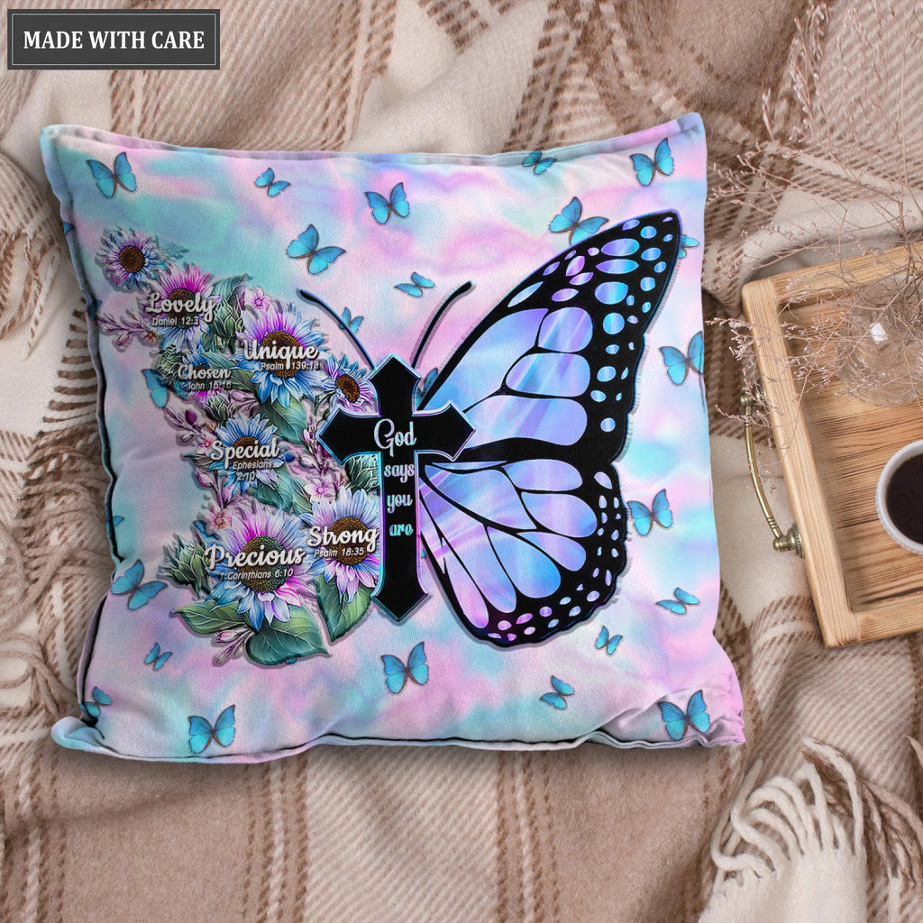 Blue Hologram Sunflower Cross Butterfly God Says You Are Pillow