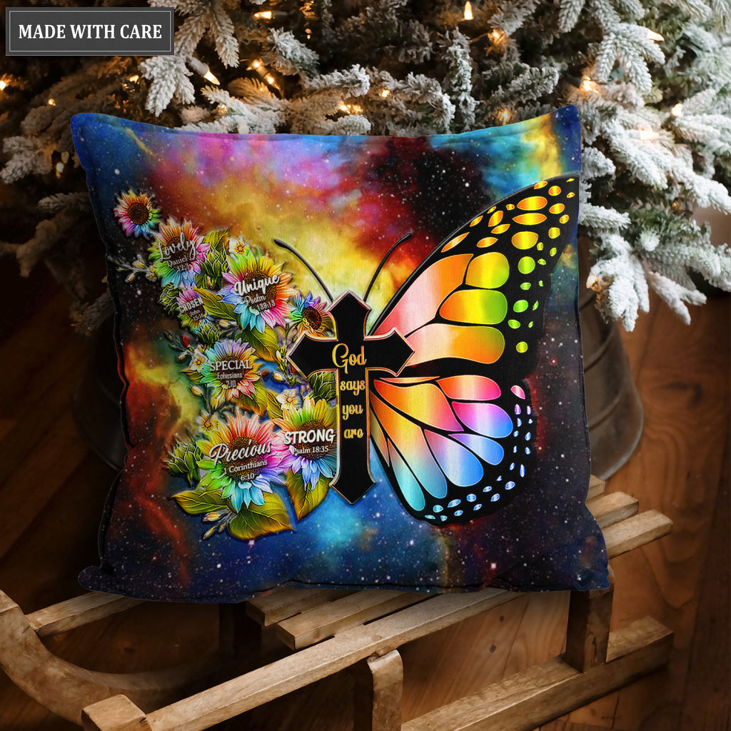 Rainbow Butterfly Cross God Says You Are Pillow