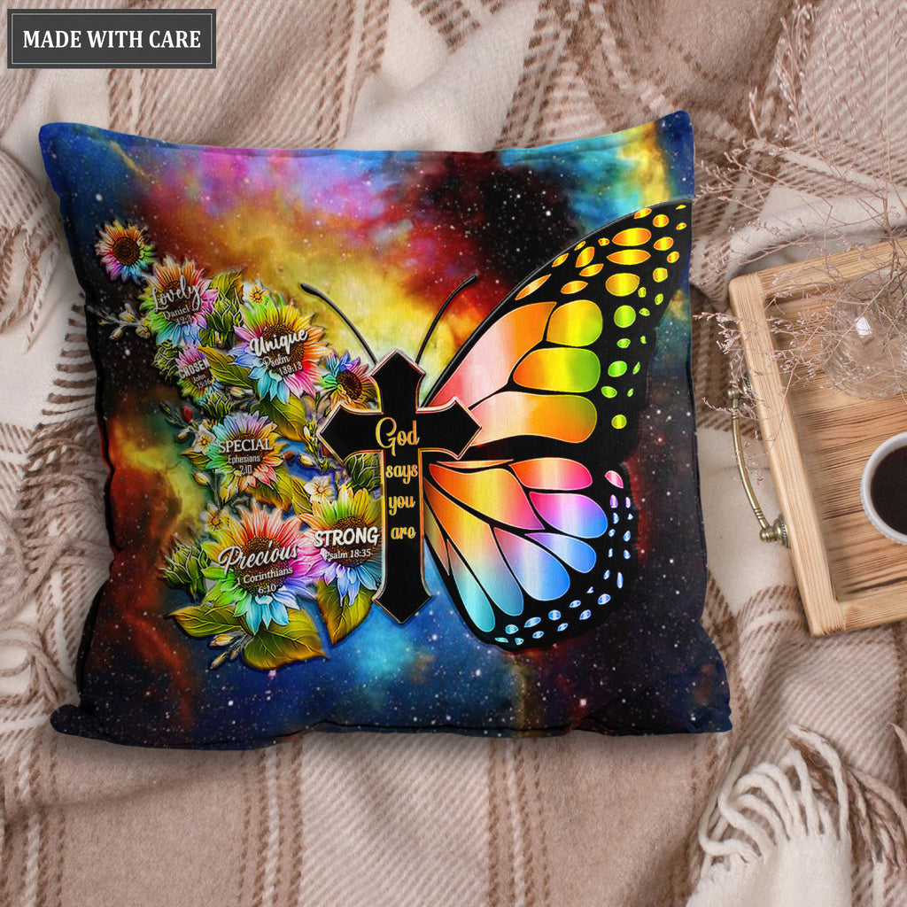 Rainbow Butterfly Cross God Says You Are Pillow