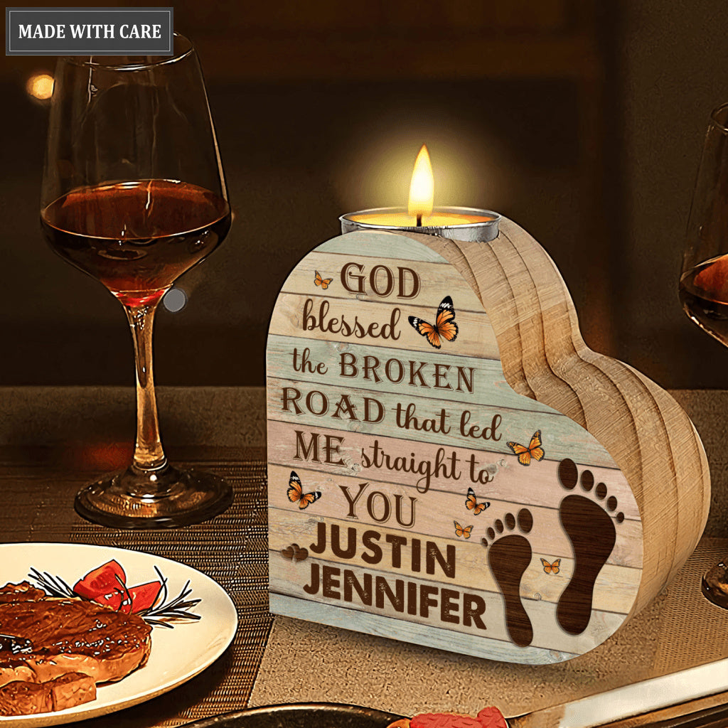 Vintage Wooden Butterfly Couple Footprint God Blessed Personalized Candle Holder