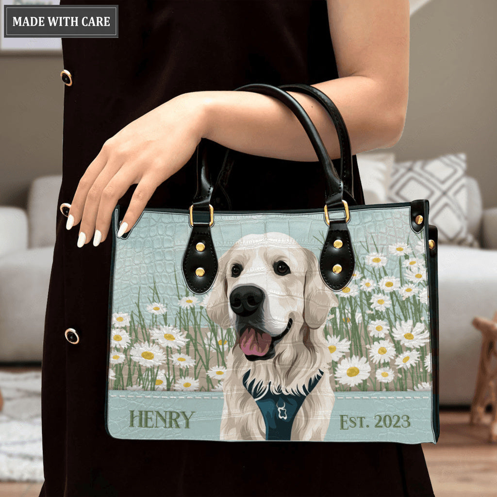Blue White Daisy Flower Pet Digital Painting Portrait - Personalized Custom Leather Bag