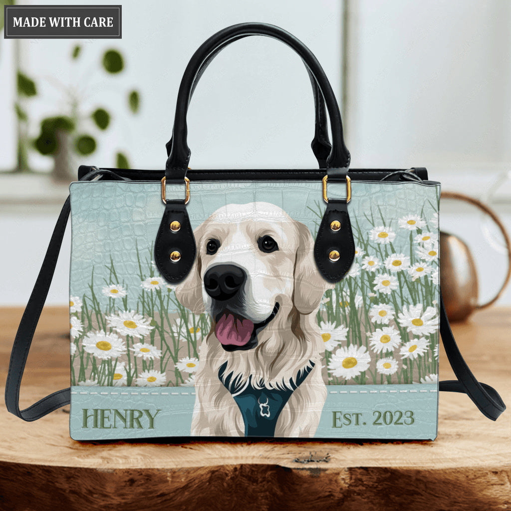 Blue White Daisy Flower Pet Digital Painting Portrait - Personalized Custom Leather Bag