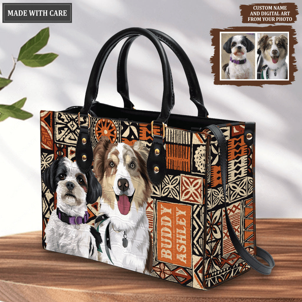 Hawaiian Style Tapa Tribal Pet Digital Painting Portrait - Personalized Custom Leather Bag
