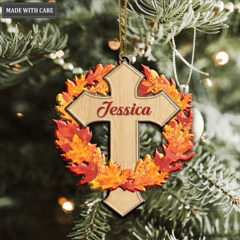 Autumn Maple Faith Cross Jesus Christian Lover Personalized Wood Engraved Ornaments