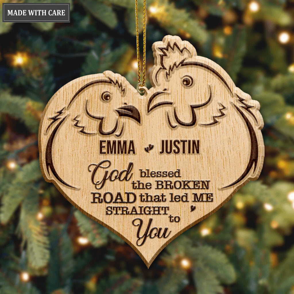 Heart Rooster And Hen God Blessed Personalized Wood Engraved Ornaments