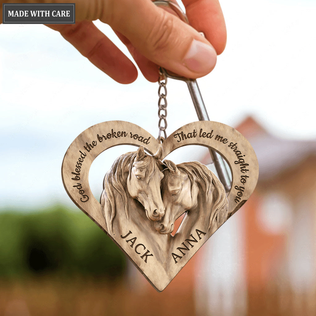 Horses In Love God Blessed Personalized Wooden Keychain