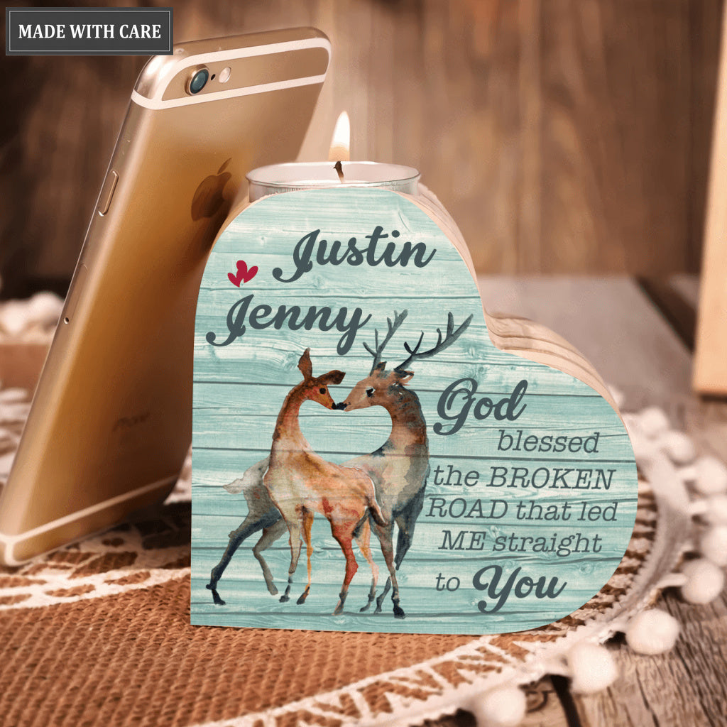 Blue Wood Deer Couple God Blessed Personalized Candle Holder