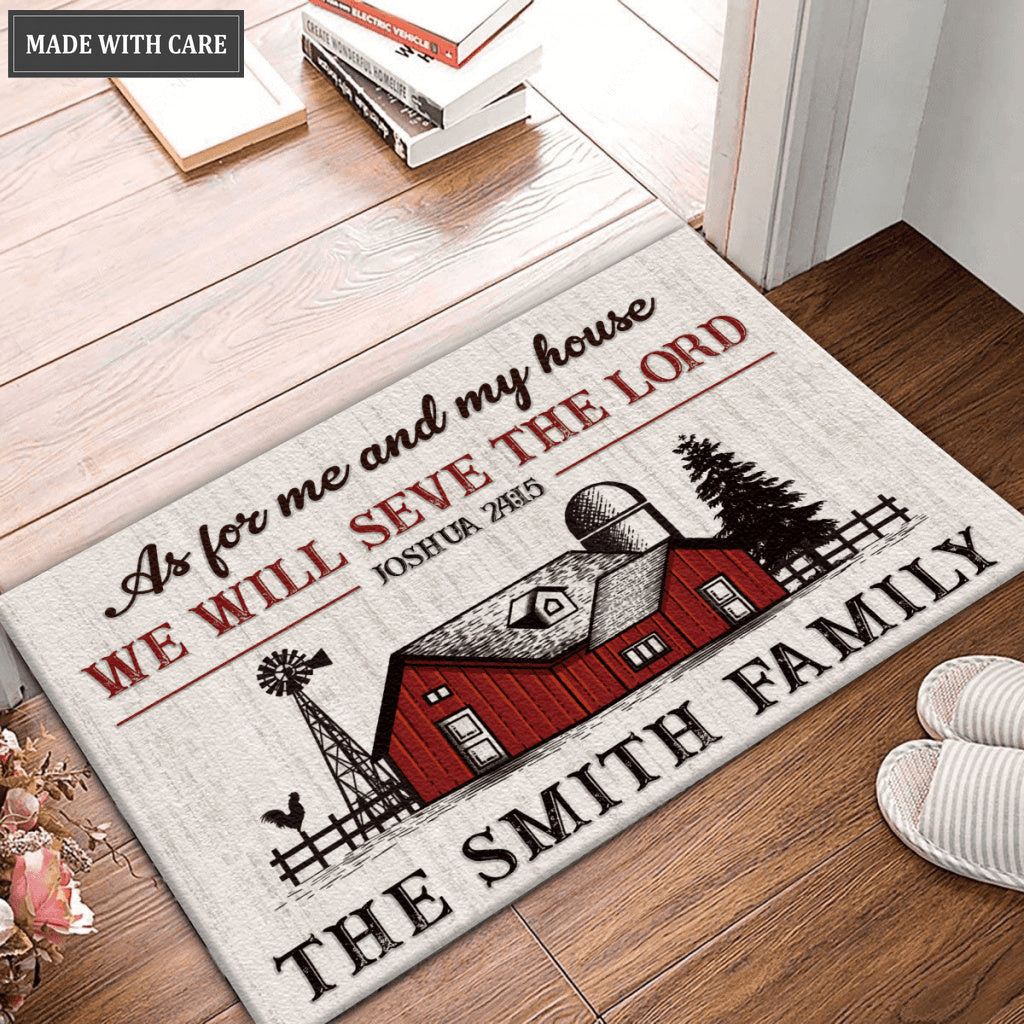 Vintage Red Farmhouse As For Me And My House Personalized Doormat