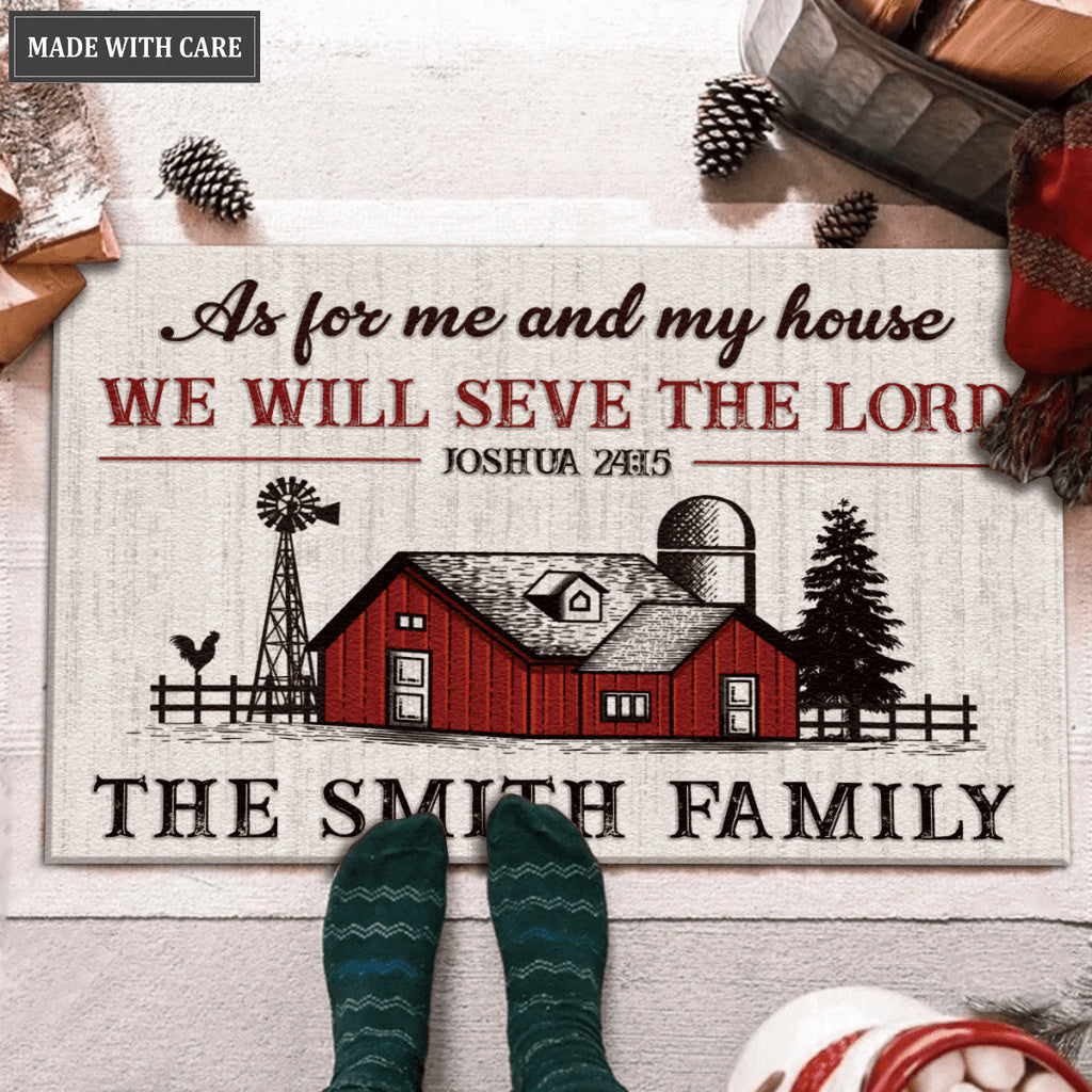 Vintage Red Farmhouse As For Me And My House Personalized Doormat