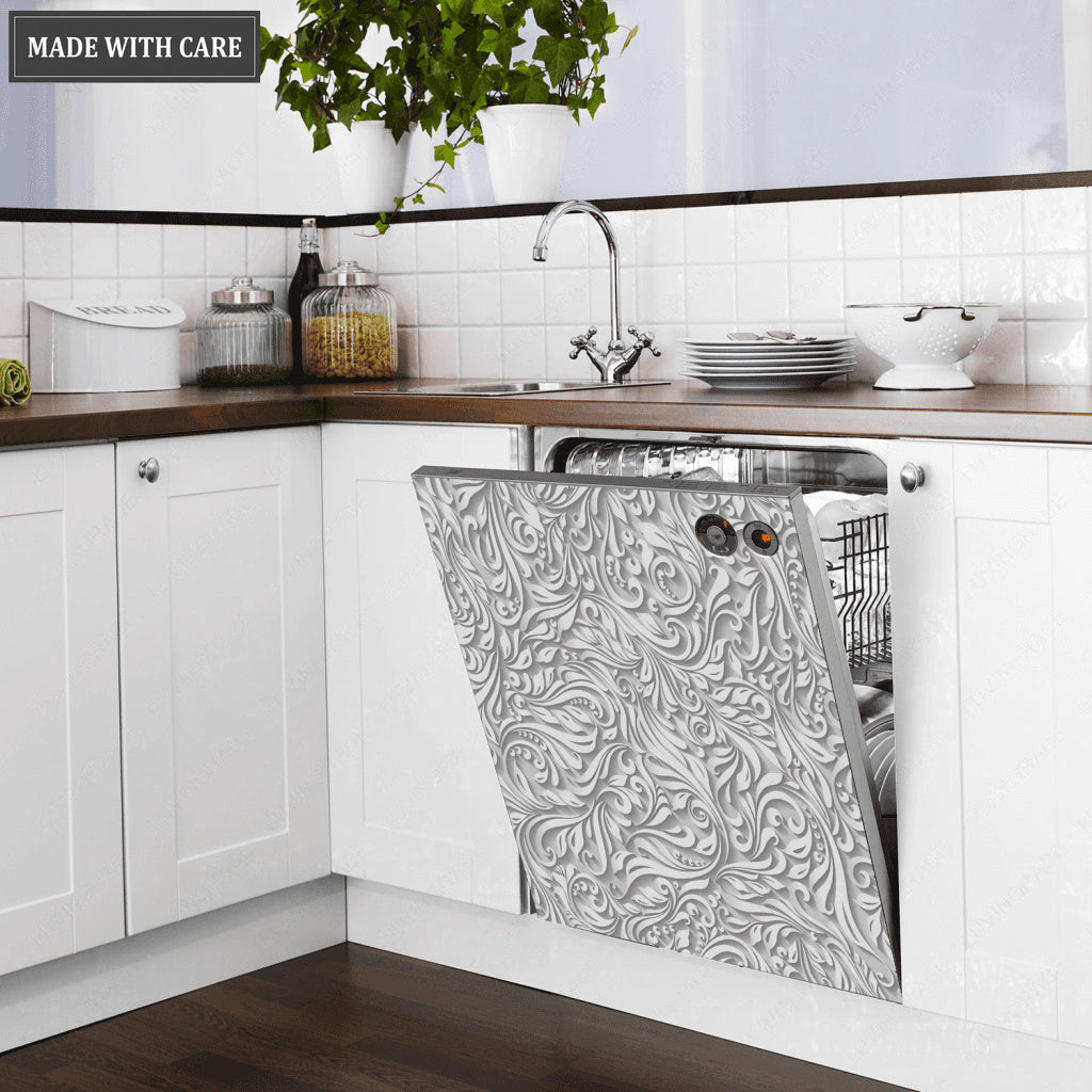 Kitchen Dishwasher Magnet Cover Beautiful Grey Vintage Floral Engraved Design