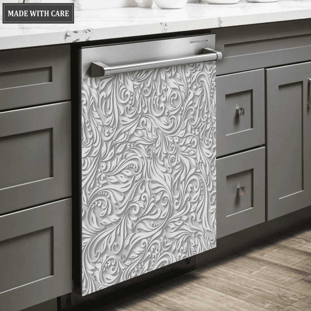 Kitchen Dishwasher Magnet Cover Beautiful Grey Vintage Floral Engraved Design