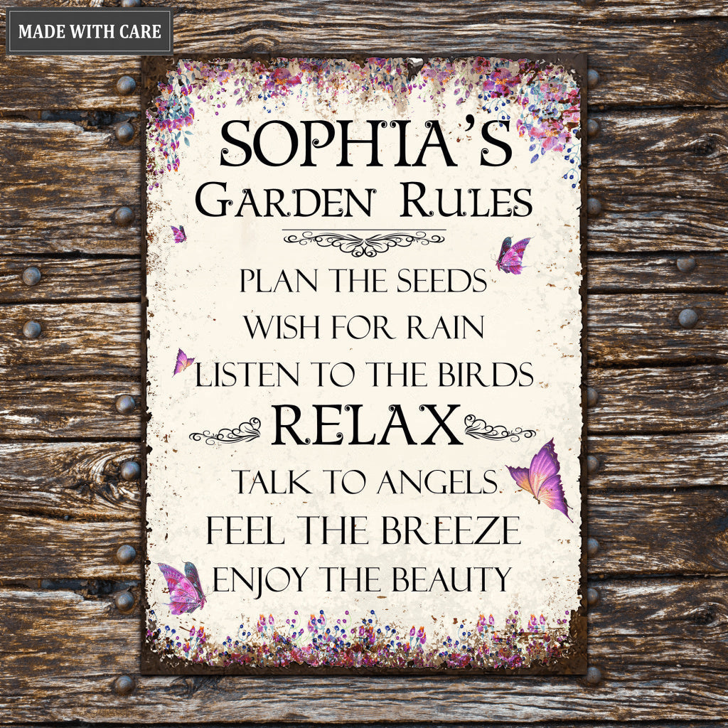 Personalized Garden Rule Metal Sign for Gardener