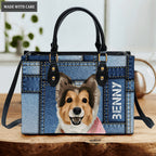 Blue Jean Collage Pattern Pet Digital Painting Portrait - Personalized Custom Leather Bag