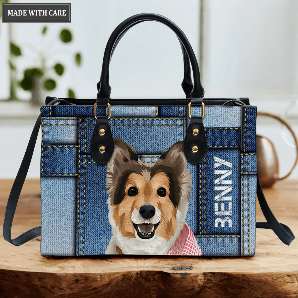 Blue Jean Collage Pattern Pet Digital Painting Portrait - Personalized Custom Leather Bag