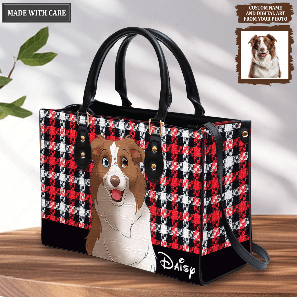 Red Tartan Plaid Cartoon Pet Digital Painting Portrait - Personalized Custom Leather Bag