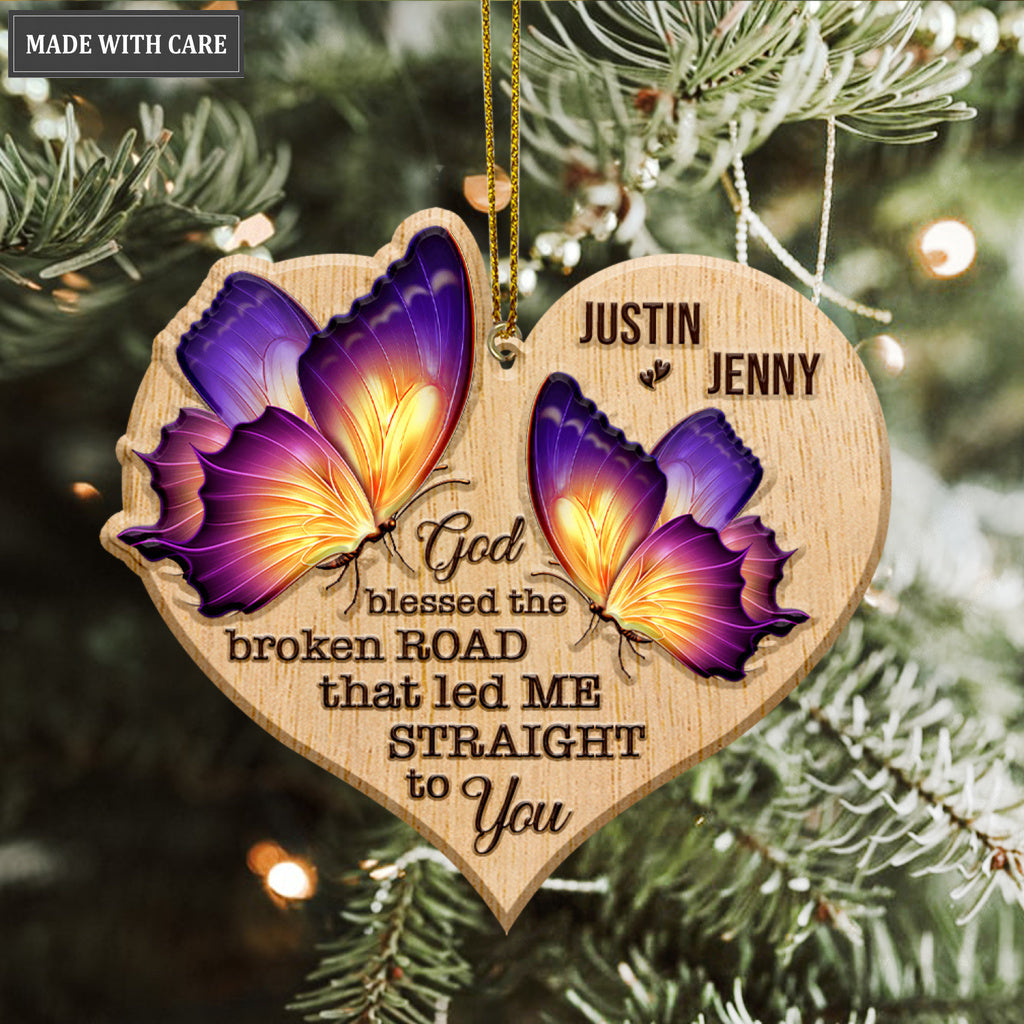 Heart Butterfly Couple God Blessed Personalized Wood Engraved Ornaments